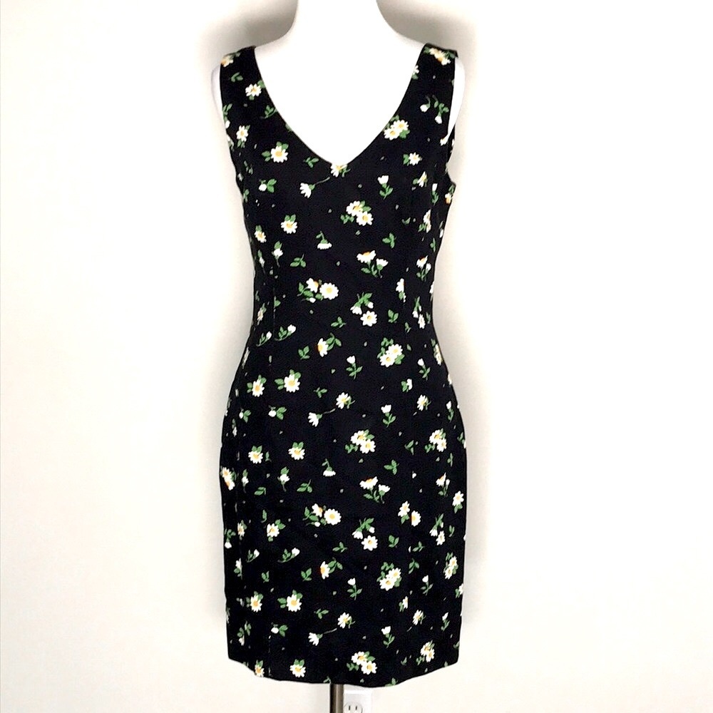 KENAR Women’s Black Floral Cotton Sleeveless Sheath Midi Dress Size 8